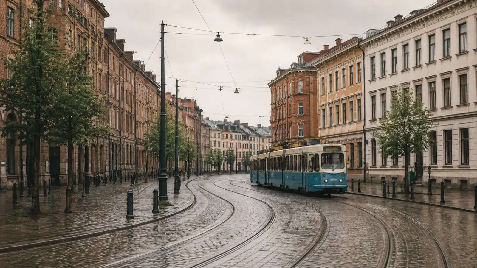 Spårvagn på en gata i centrala Göteborg